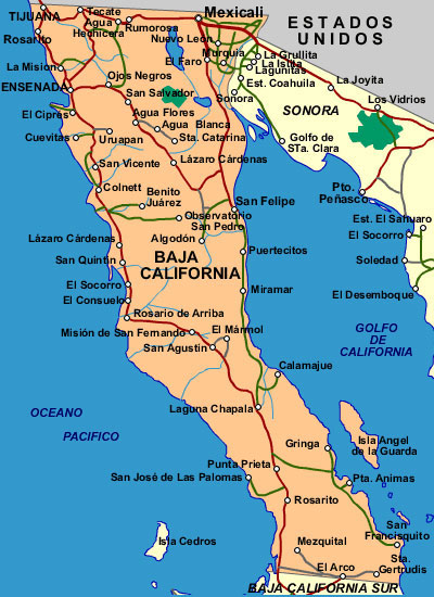 Map of Baja California Norte showing major cities and roads.