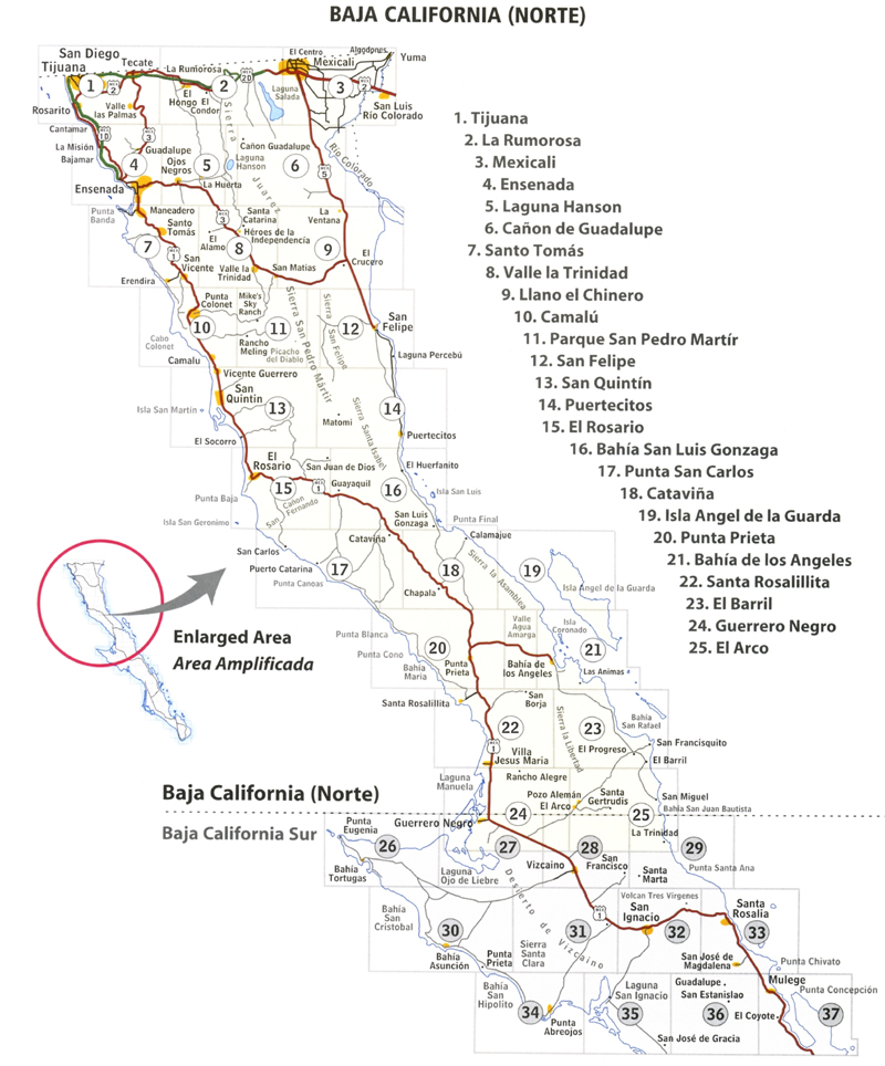 Very detailed map of Baja California Norte showing cities, highways, and others.