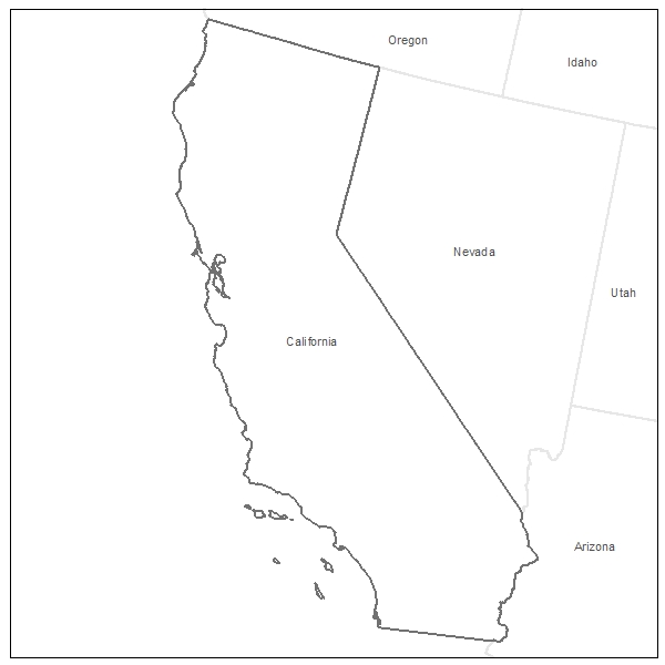 Blank outline printable map of california for school tests.