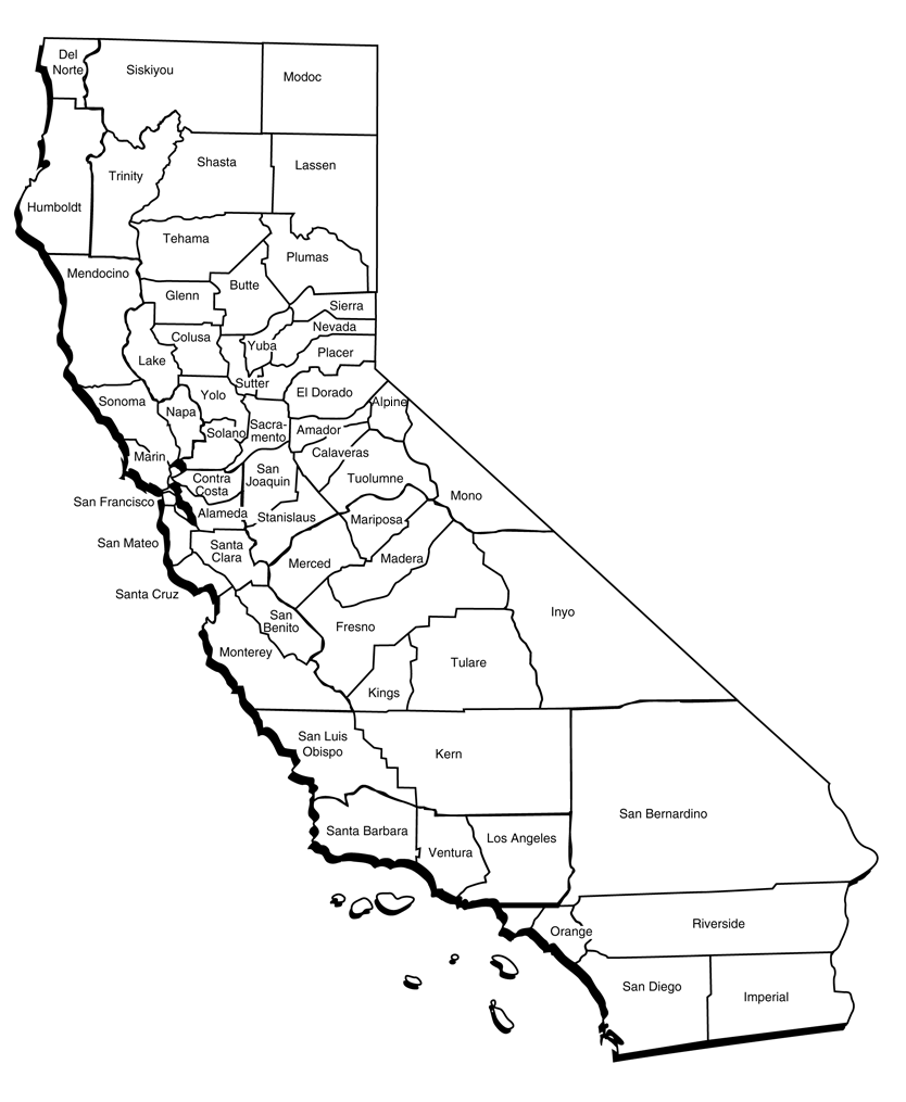 Printable map counties California locations.
