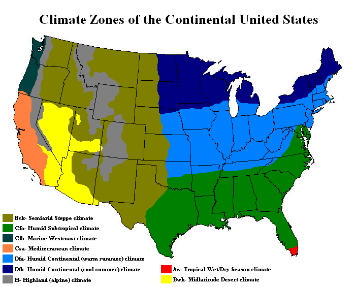 Detailed climate map of United States region zones.