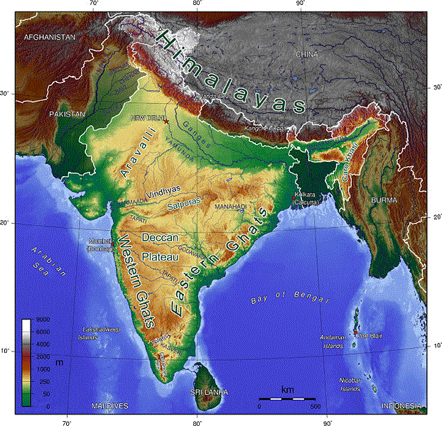 Topographic South Asia physical maps for geography students.