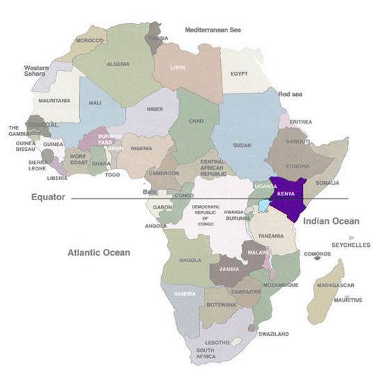 Free printable political map of Africa with the equator marked. Kenya is highlighted