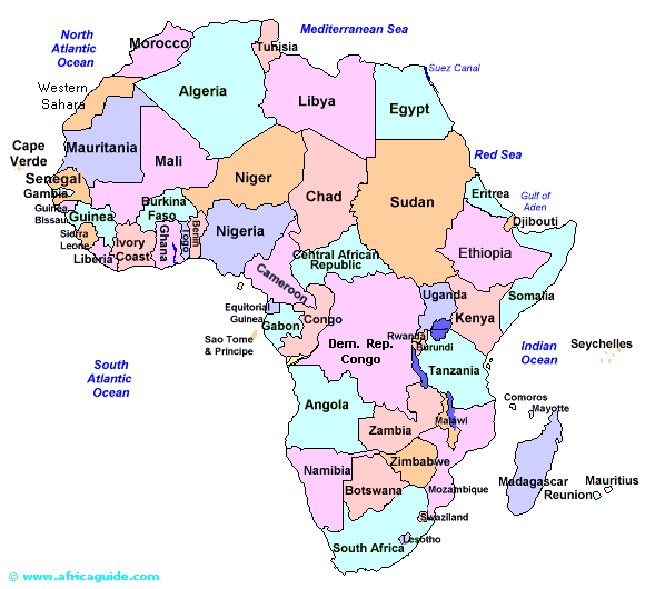 Lovely and easy to read printable Africa map for geography class, teachers, and students.