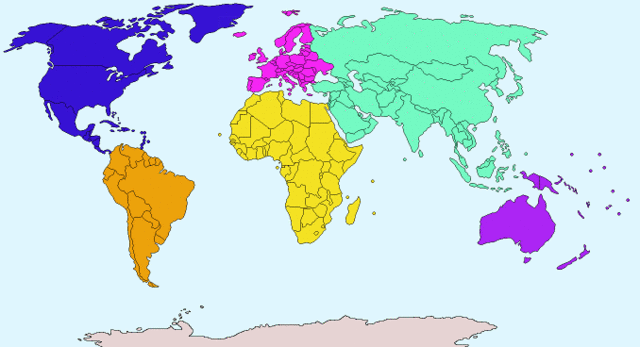 Printable map of the 7 continents wach labelled in a different color.