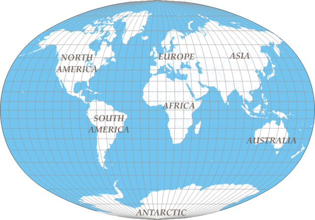 Sleak printable map of the 7 different continents all labelled with their names in full.