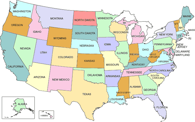 Free Printable map of USA showing all 50 state names.