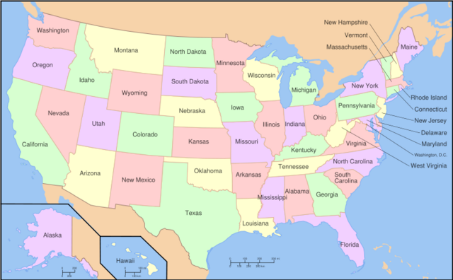 Printable map of USA with all states labelled in full and in color.