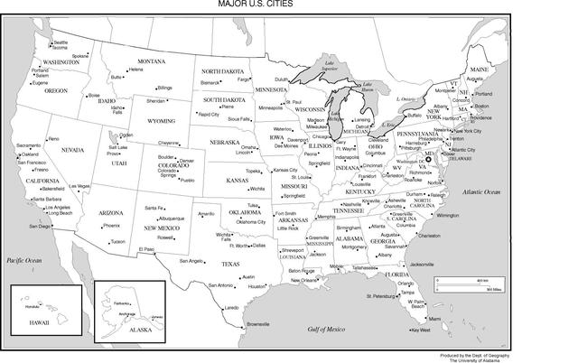 Printable map of the USA showing all major cities across the country.