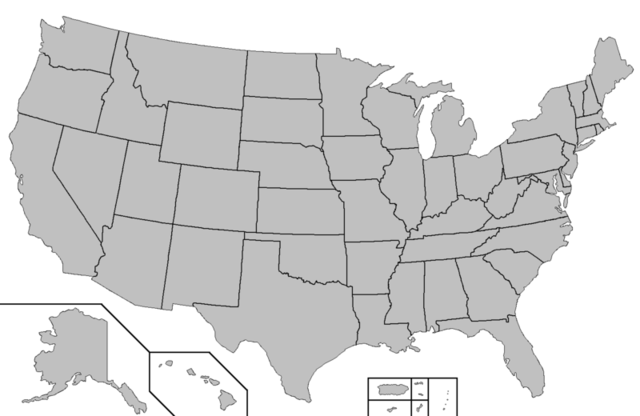 Blank map of United States printable in color grey. State lines are shown but not labelled.