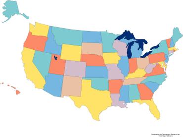 Colorful blank printable map of USA with all states shown in different color.